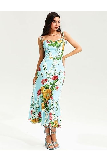 Floral Cami Lace Up Ruched Backless Midi Dress