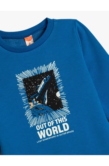Sweatshirt Raised Cotton Long Sleeve Crew Neck Space Themed Printed