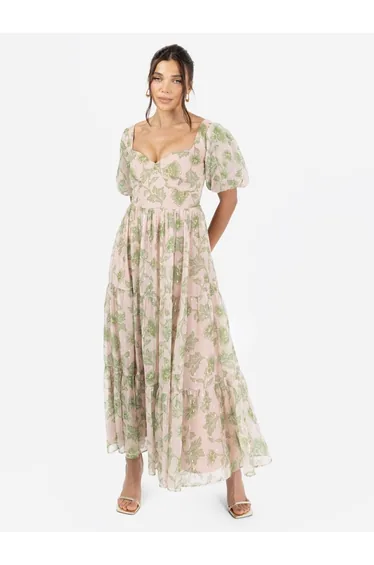 فستان ميداكسي بظهر مفتوح بياقة سويتهارت بحزام ربط بطبعة أزهار 