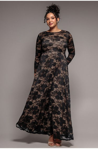 Goddiva Plus Scalloped Lace A-Line Maxi Dress - Black
