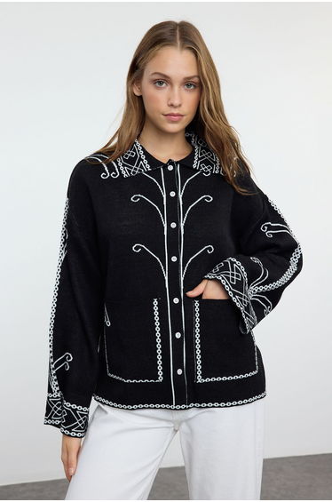 Black Ethnic Patterned Knitwear Cardigan