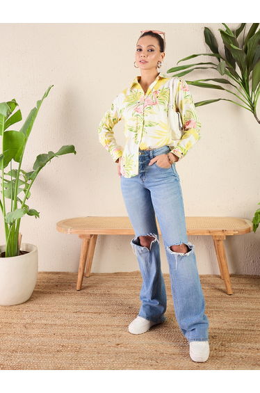 Yellow Flamingo Print Cotton Shirt