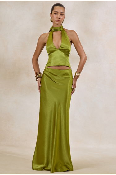 Lareina | Olive Satin Maxi Skirt
