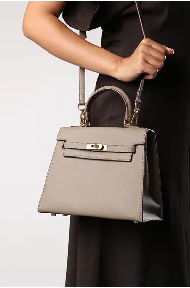 Lluvia Top Handle Satchel Mini Tote Bag with Turn-Lock Closure in Taupe
