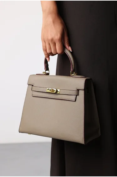 Lluvia Top Handle Satchel Mini Tote Bag with Turn-Lock Closure in Taupe