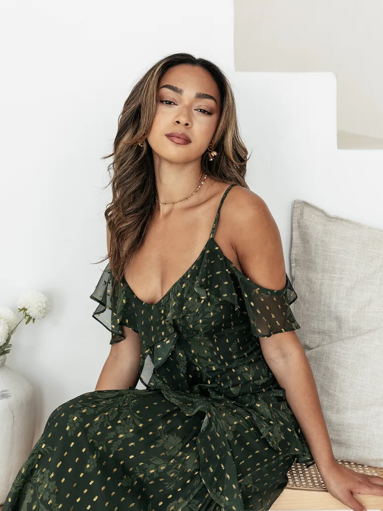 Anaya With Love Floral Green Cold Shoulder Maxi Dress with Metallic Detail  Anaya With Love Green : Premium Dresses : VogaCloset Bahrain