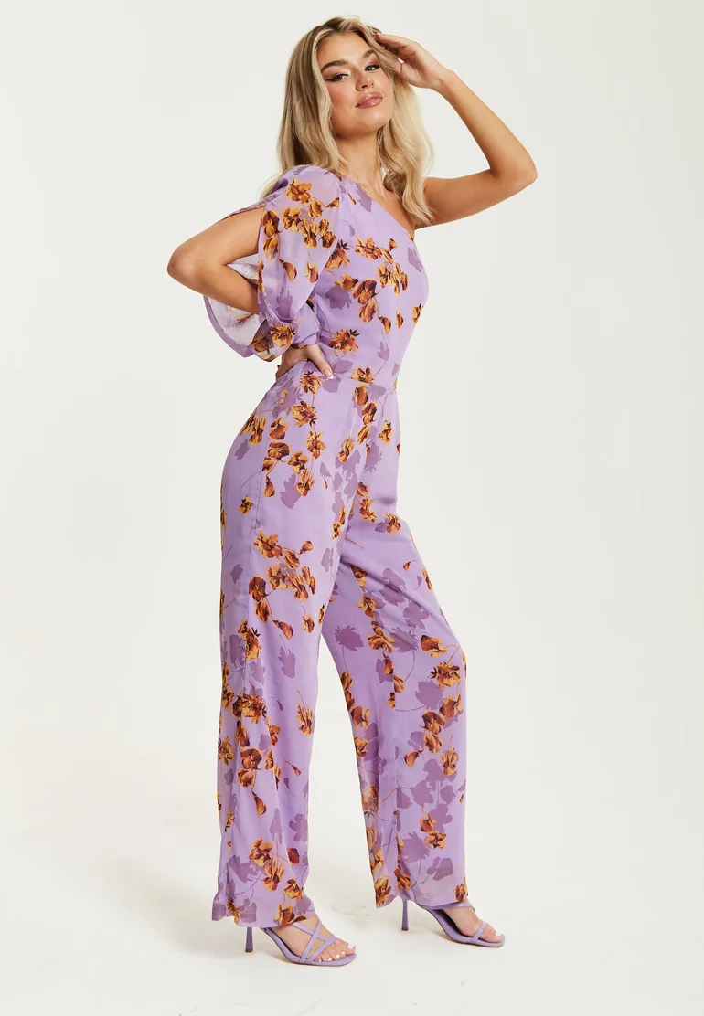 Women's Jumpsuit in Purple Floral with Asymmetrical Sleeve - 3