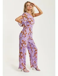 Women's Jumpsuit in Purple Floral with Asymmetrical Sleeve - 3