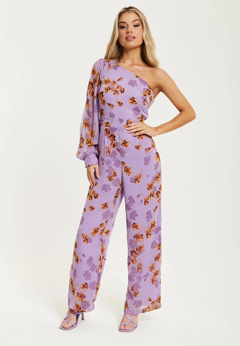 Women's Jumpsuit in Purple Floral with Asymmetrical Sleeve