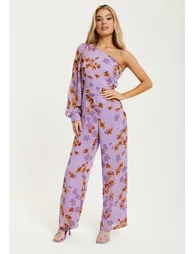 Women's Jumpsuit in Purple Floral with Asymmetrical Sleeve