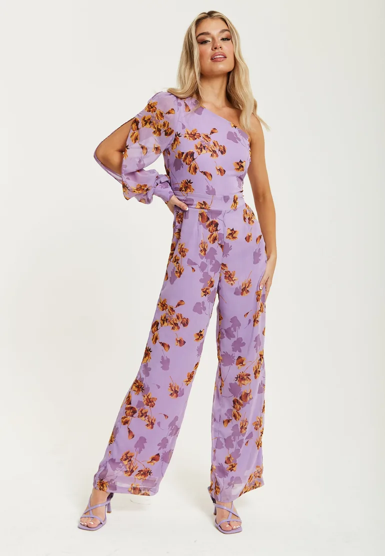 Women's Jumpsuit in Purple Floral with Asymmetrical Sleeve - 1