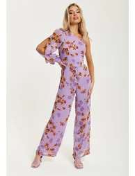 Women's Jumpsuit in Purple Floral with Asymmetrical Sleeve - 1