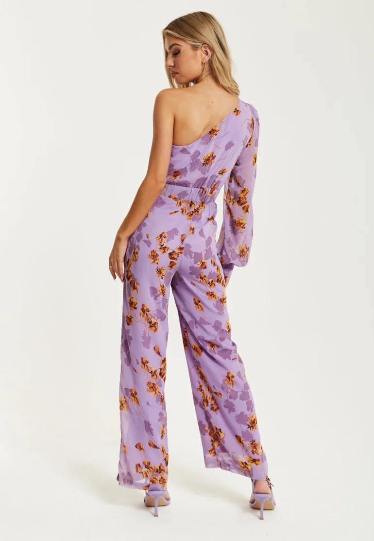 Women's Jumpsuit in Purple Floral with Asymmetrical Sleeve - 4