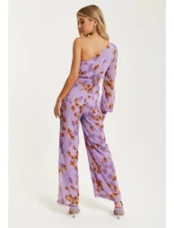 Women's Jumpsuit in Purple Floral with Asymmetrical Sleeve - 4