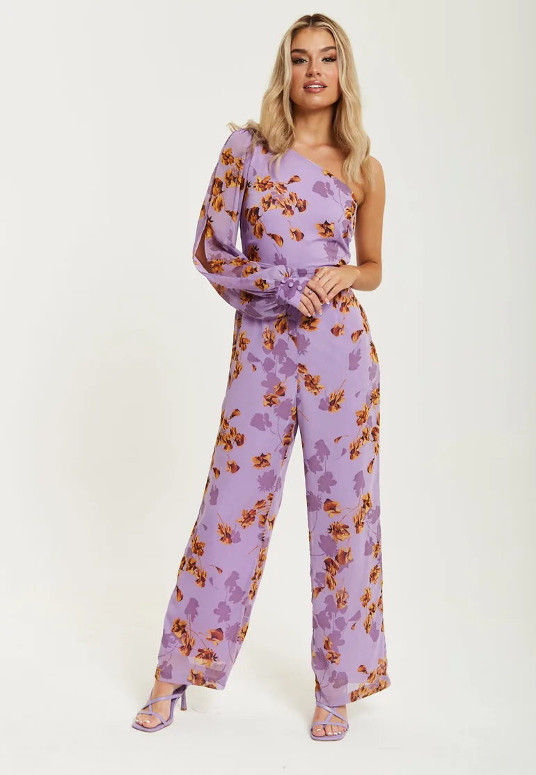 Women's Jumpsuit in Purple Floral with Asymmetrical Sleeve - 2