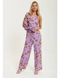 Women's Jumpsuit in Purple Floral with Asymmetrical Sleeve - 2