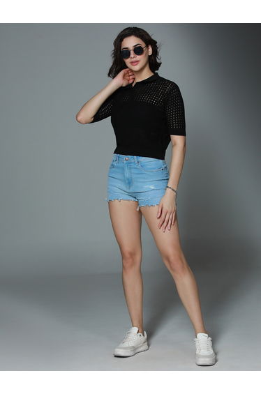 Women Black Polo Crochet Cotton Top