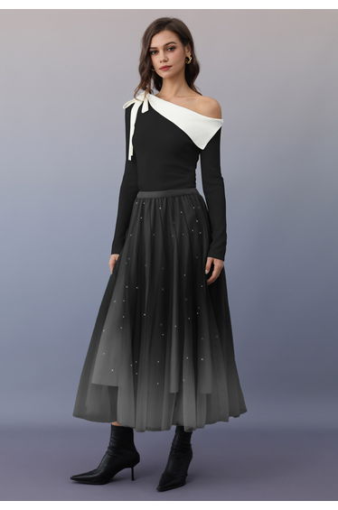 Self-Tie Bow Slant Shoulder Knit Top in Black