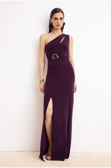 Plum Plain Straight Cut Accessory Detailed Knitted Sandy Maxi Evening Dress & Graduation Dress