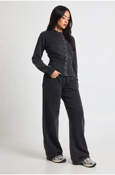 Washed Deep Hem Popper Bomber Sweatshirt Tracksuit - black