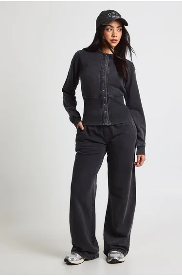 Washed Deep Hem Popper Bomber Sweatshirt Tracksuit - black