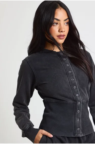 Washed Deep Hem Popper Bomber Sweatshirt Tracksuit - black