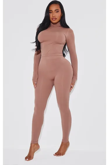 Shape Taupe Stretch Seamless High Neck Long Sleeve Top