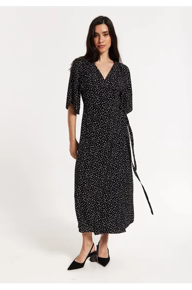 Black Polka Dot Kimono Wrap Maxi Dress
