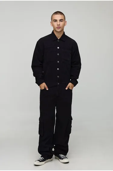 Oversized Washed Corduroy Cargo Boilersuit - black