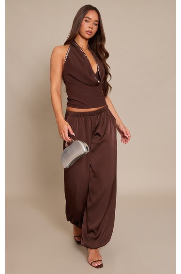 Chocolate Chiffon Studded Cowl Plunge Top