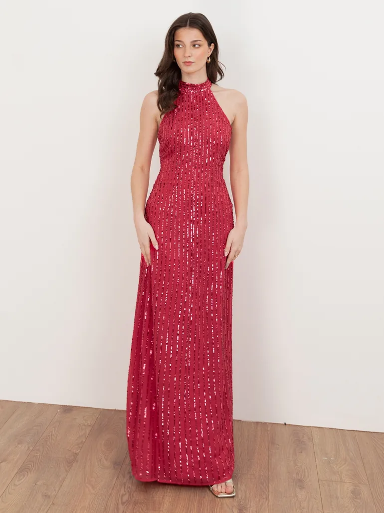 maya halter dress in pink sequin Maya Blossom Pink Embellished Halter Neck Maxi Dress  Maya Deluxe