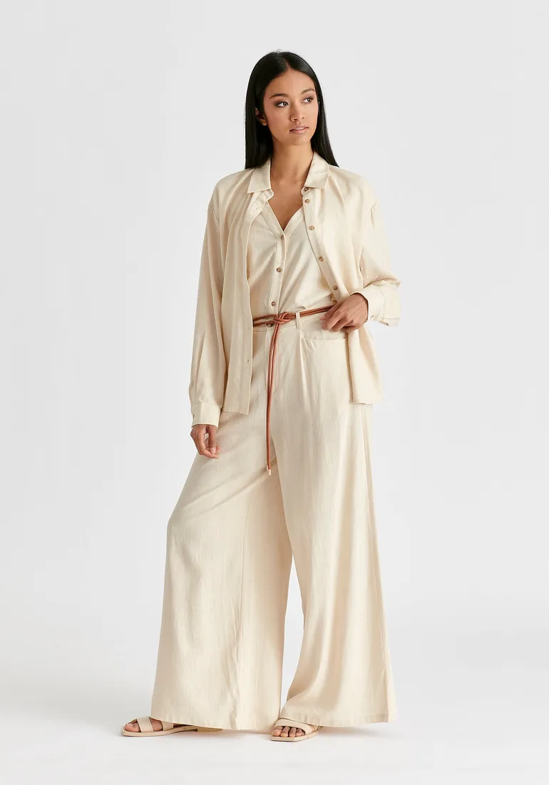 Linen Blend Wide Leg Trousers with Belt - 5