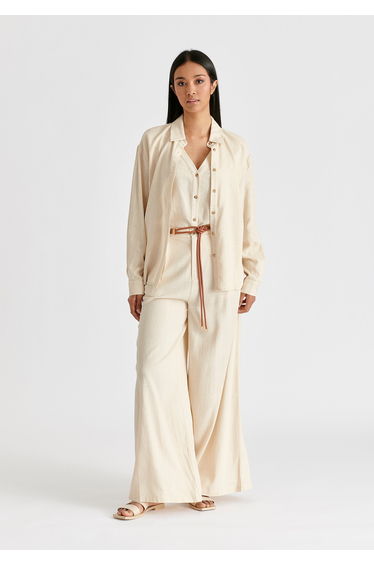 Linen Blend Wide Leg Trousers with Belt