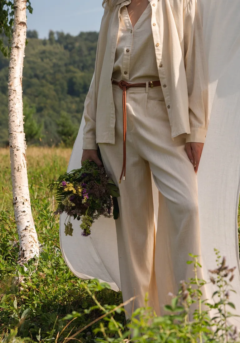 Linen Blend Wide Leg Trousers with Belt - 4