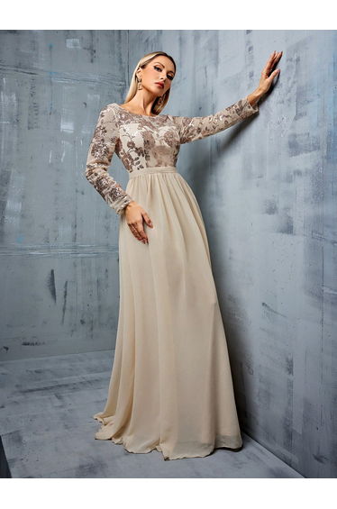 Leely Long Sleeve A-Line Evening Gown with Sequin Floral Bodice