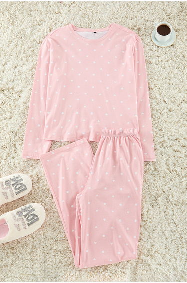 Pink 100% Cotton Polka Dot and Heart Knitted Pajama Set