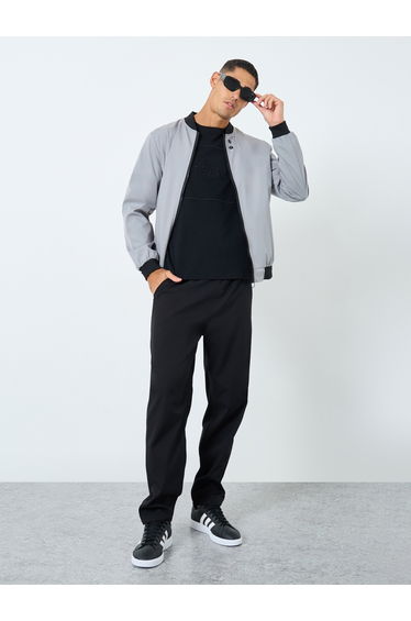 Men Grey Solid Bomber Jacket