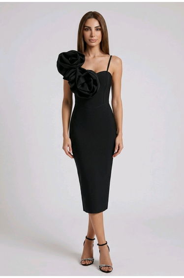 NOIR MIDNIGHT 3D ROSE BANDAGE MIDI DRESS