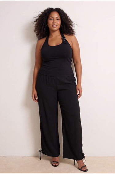 Black Paçası Bow Detail Bürümcük Textured Knitted Plus Size Pants