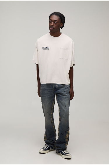 Washed Camo Gusset Stacked Flared Jeans - mid wash