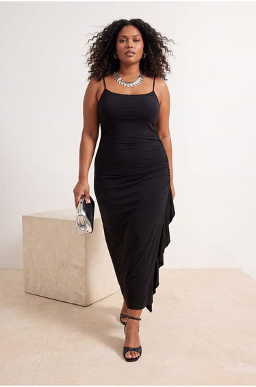 Black Strap Bodycon Ruffle Slit Stretchy Maxi Knitted Plus Size Dress