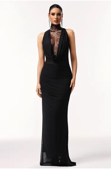 Guga Halter Sleeveless Lace Wrinkle Maxi Dress