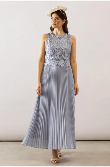 Lace Overlay Pleated Maxi Dress