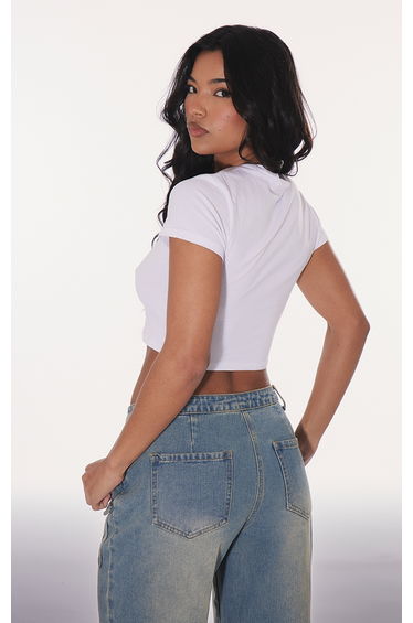 White Cotton Crew Neck Cropped Short Sleeve T-shirt