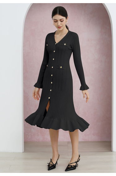 Ruffle Elegance V-Neck Buttoned Openwork Knit Dress in Black