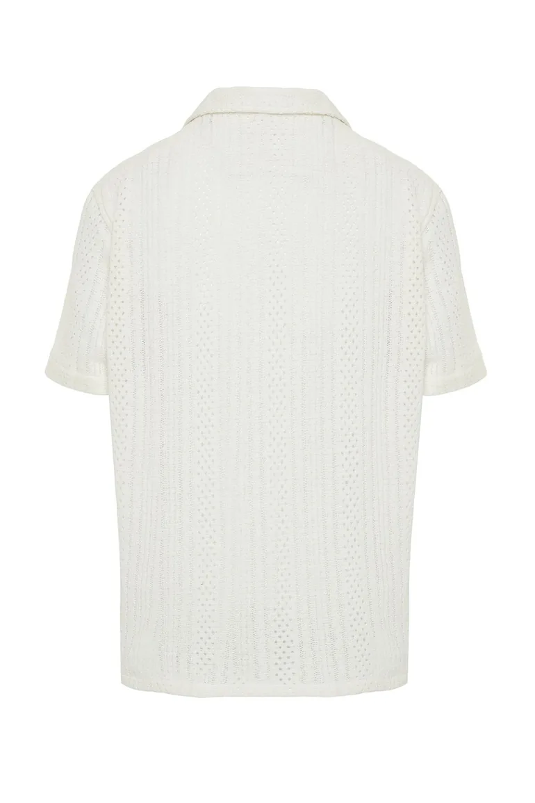 Ecru Men's Regular Fit Open Collar Knitwear Look Shirt - 7