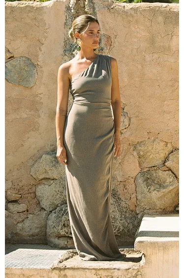 Taupe Textured One Shoulder Ruched Maxi Dress