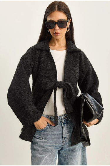 LUCCI Textured Oversized V-Neck Tie Closure Cardigan