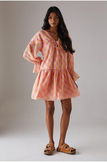 Dobby Chiffon Volume Sleeve Smock Mini Dress