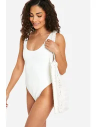 Petite Premium Crinkle Scoop Neck Swimsuit - white - 2